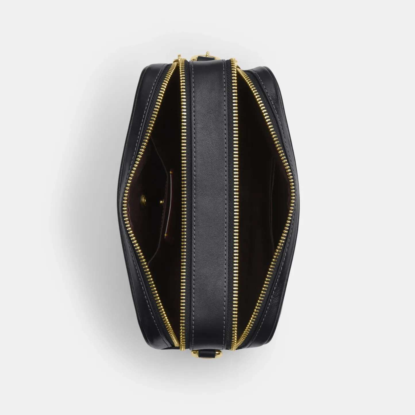 COACH®,Carey Crossbody Bag,Recycled Polyester,Leather,Camera Bag,Metal,Logo,Adjustable,Lined,Gold Metal,Casual,Black,Inside View,Top View