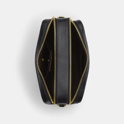 COACH®,Carey Crossbody Bag,Recycled Polyester,Leather,Camera Bag,Metal,Logo,Adjustable,Lined,Gold Metal,Casual,Black,Inside View,Top View