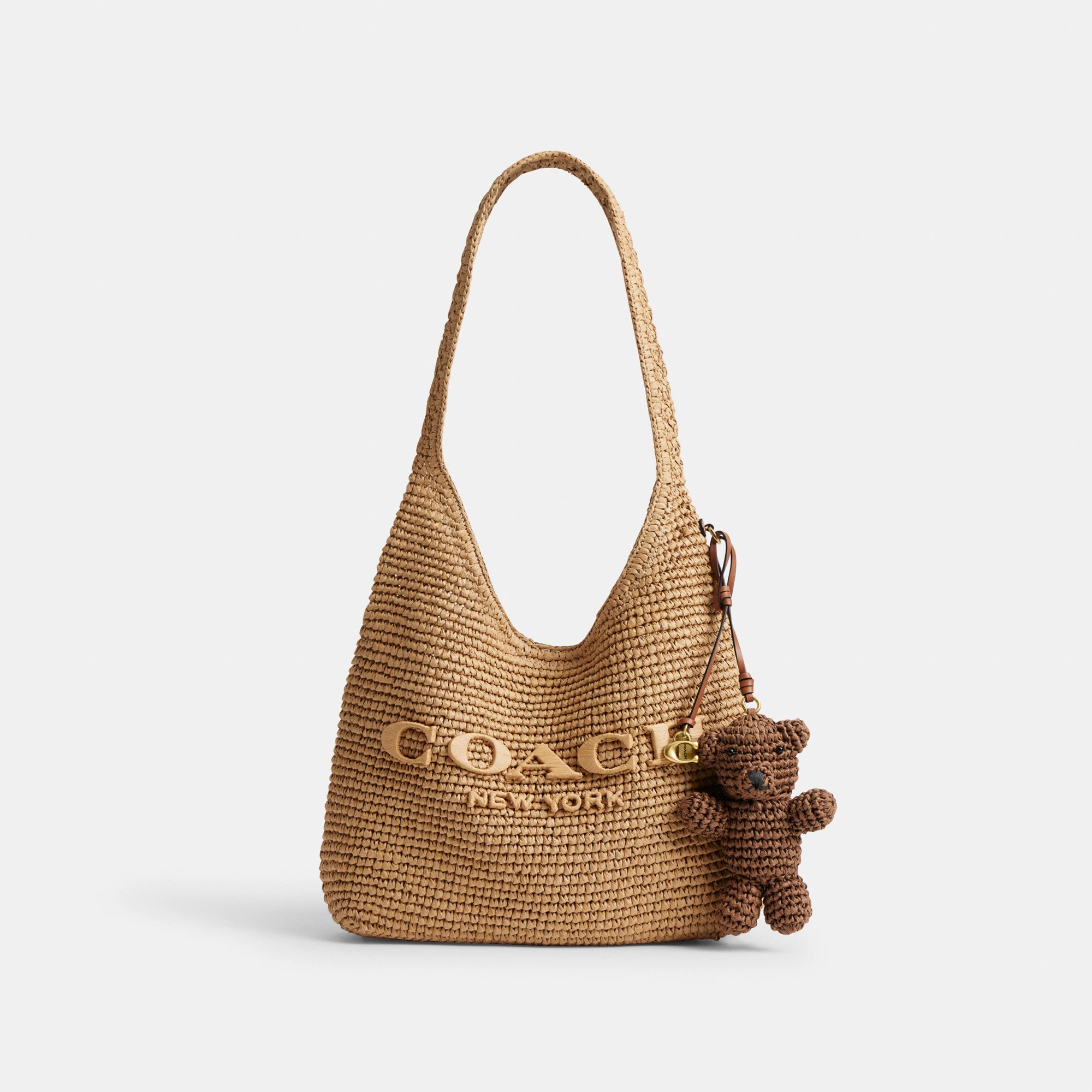 COACH®,Bear Bag Charm,Bag Charm,Straw,Resin,Graphic,Brass,Casual, Father's Day,Brown,Angle View