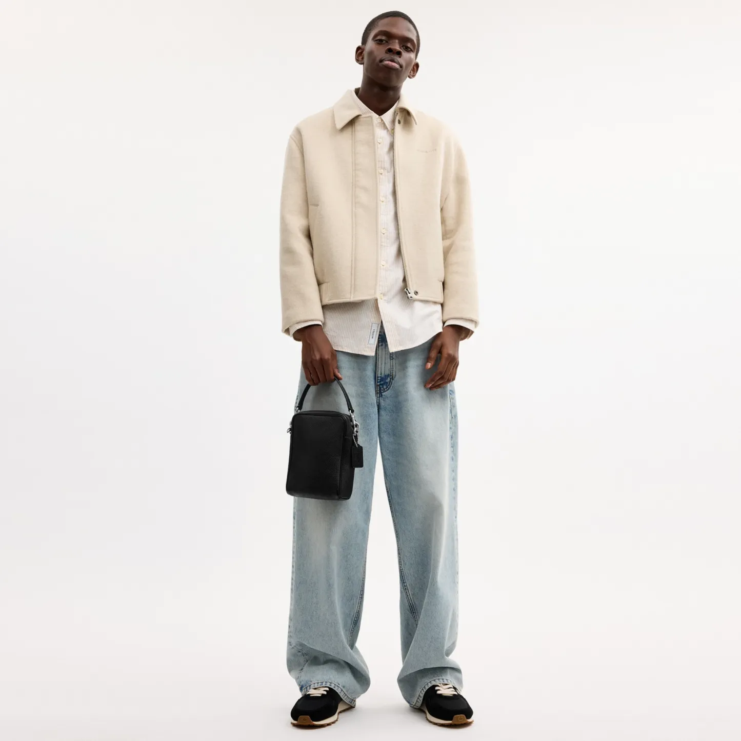 COACH®,Tristan Crossbody Bag 14,Leather,Recycled Polyester,Crossbody,Logo,Convertible,Adjustable,Sustainable,Silver Metal,...,Black,Detail View