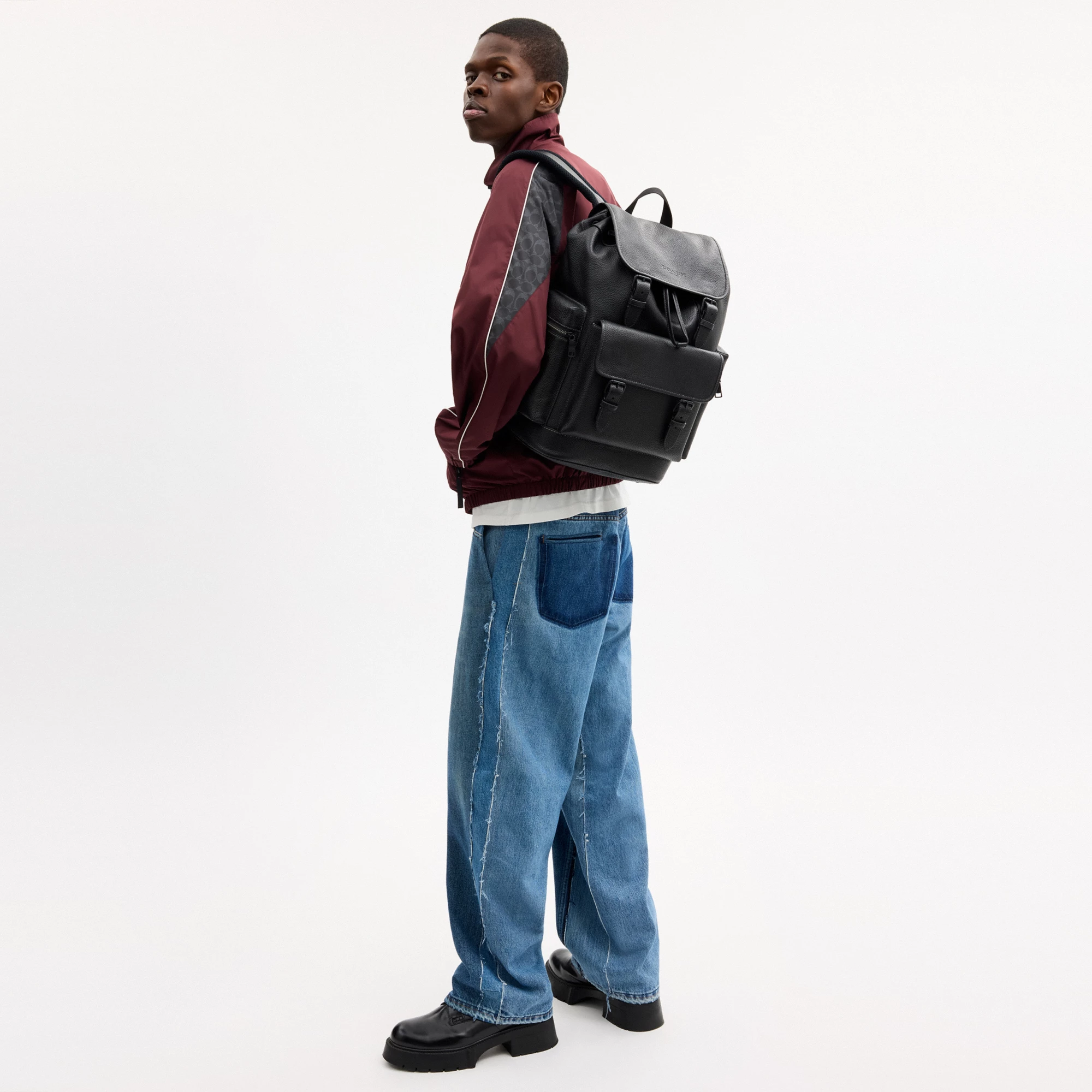 COACH®,Sprint Backpack,Recycled Polyester,Leather,Backpack,Logo,Adjustable,Padded Back Panel,Sustainable,Suitcase Sleeve,S...,Black,Detail View