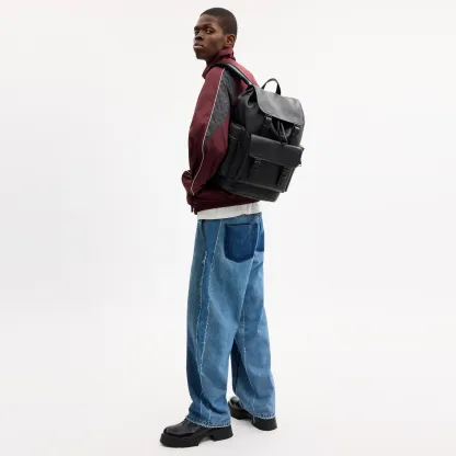 COACH®,Sprint Backpack,Recycled Polyester,Leather,Backpack,Logo,Adjustable,Padded Back Panel,Sustainable,Suitcase Sleeve,S...,Black,Detail View