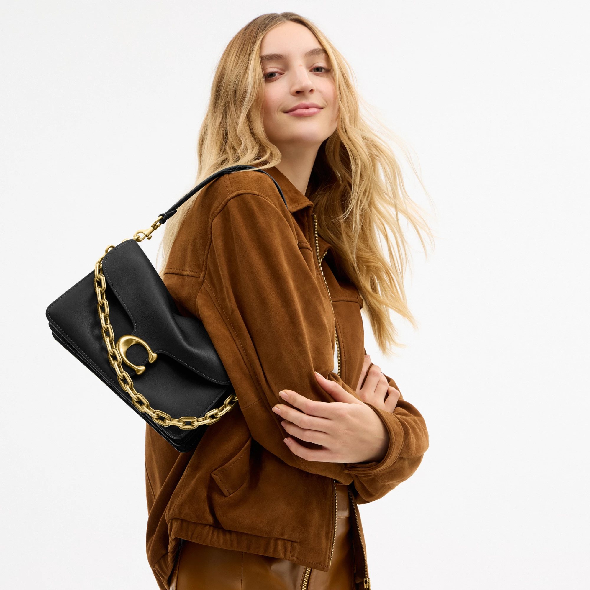 COACH®,Chain Tabby Shoulder Bag,Leather,Shoulder Bag,Logo,Metal,Brass,Day Party,Black,Detail View