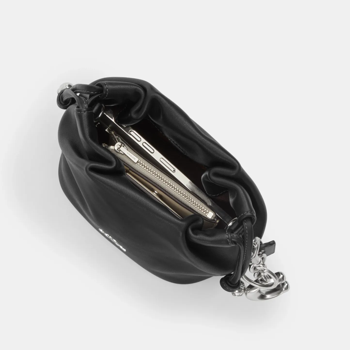 COACH®,Faye Mini Drawstring Bag,Leather,Bucket,Logo,Metal,Silver Metal,Day Party,Black,Inside View,Top View