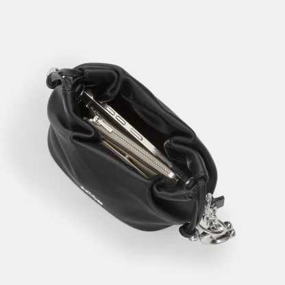 COACH®,Faye Mini Drawstring Bag,Leather,Bucket,Logo,Metal,Silver Metal,Day Party,Black,Inside View,Top View