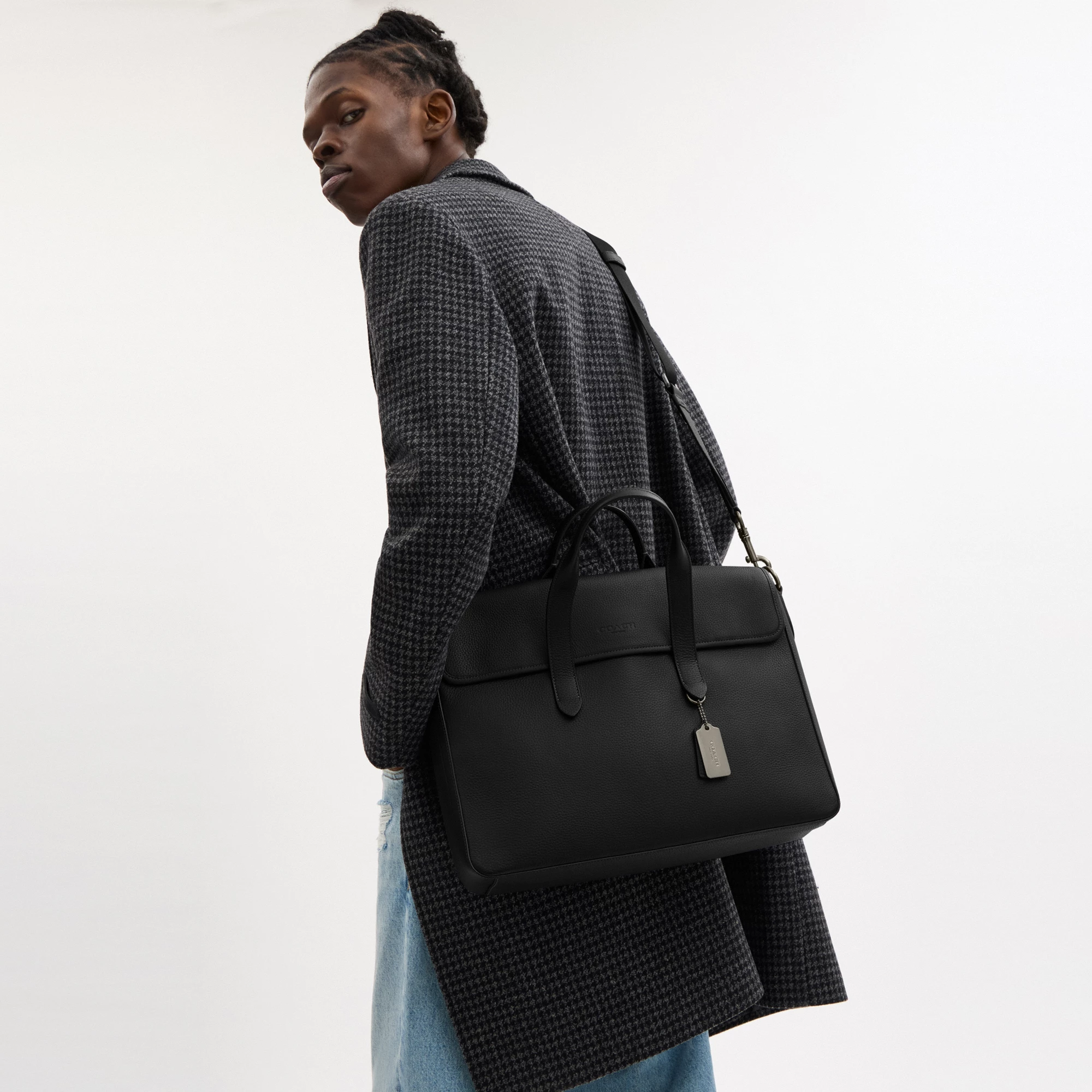 COACH®,Sullivan Portfolio Brief,Leather,Briefcase,Gunmetal,Work,Black,Detail View