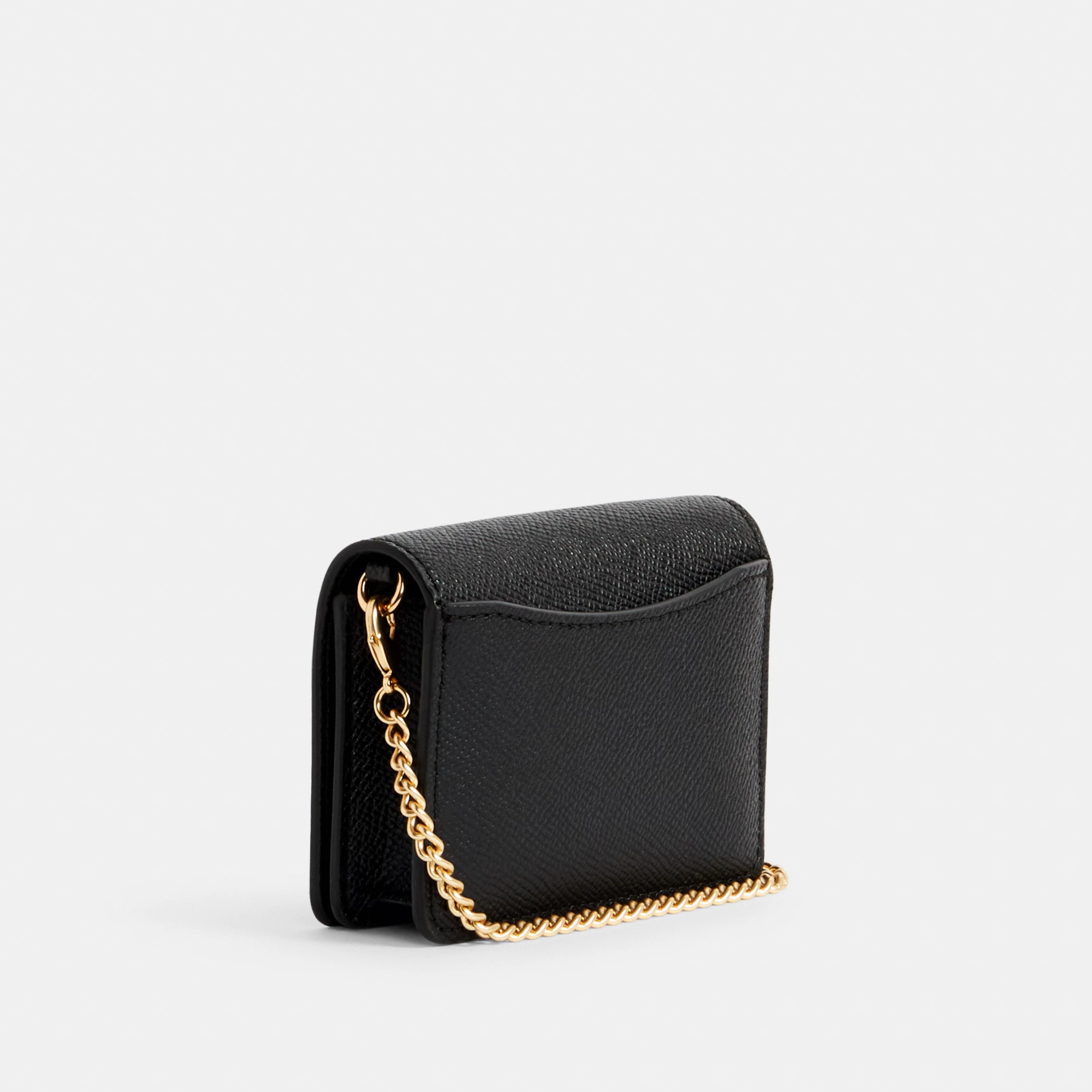 COACH®,Mini Wallet On A Chain,Leather,Crossbody,Gold Metal,Casual,Black,Angle View
