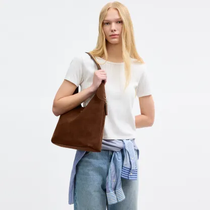 COACH®,Brooklyn Shoulder Bag 34,Suede,Hobo,Brass,Casual,Brown,Detail View
