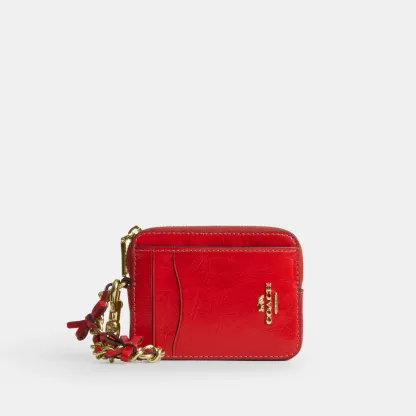 COACH®,Zip Card Case With Bows,Leather,Card Case,Metal Material,Logo,Bow,Key Ring,Silver Metal,Casual,Red,Front View