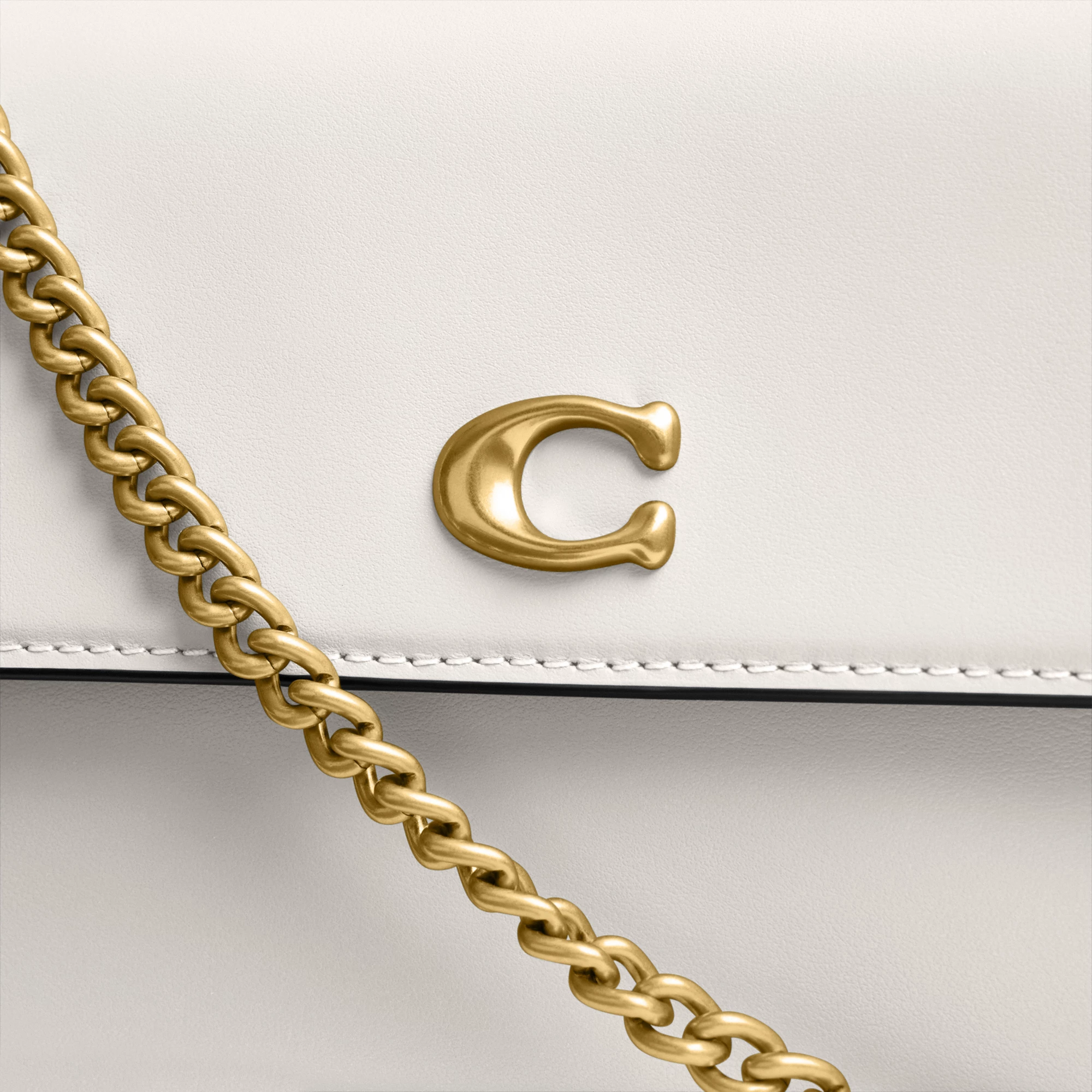 COACH®,Brook Flap Chain Bag,Calfskin Leather,Leather,Fabric,Shoulder Bag,Logo,Metal,Compact,Adjustable,Shoulder Guard,Gold...,White,Closer View