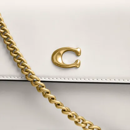 COACH®,Brook Flap Chain Bag,Calfskin Leather,Leather,Fabric,Shoulder Bag,Logo,Metal,Compact,Adjustable,Shoulder Guard,Gold...,White,Closer View