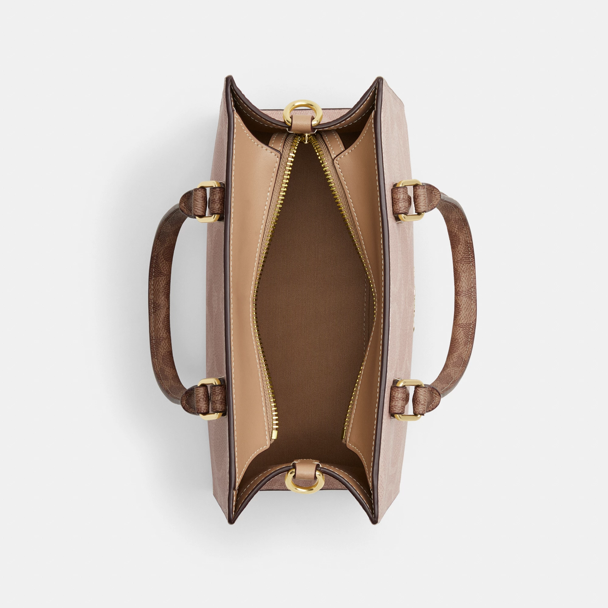 COACH®,Maggie Small Tote Bag In Blocked Signature Canvas,Leather,Canvas,Satchel,Casual,Beige,Inside View,Top View
