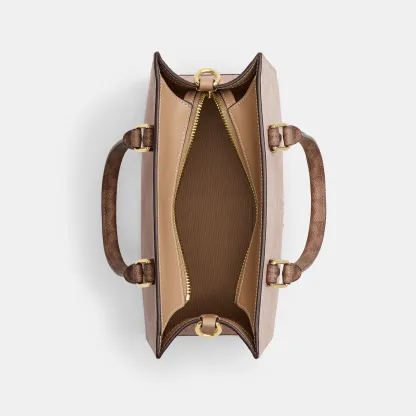 COACH®,Maggie Small Tote Bag In Blocked Signature Canvas,Leather,Canvas,Satchel,Casual,Beige,Inside View,Top View