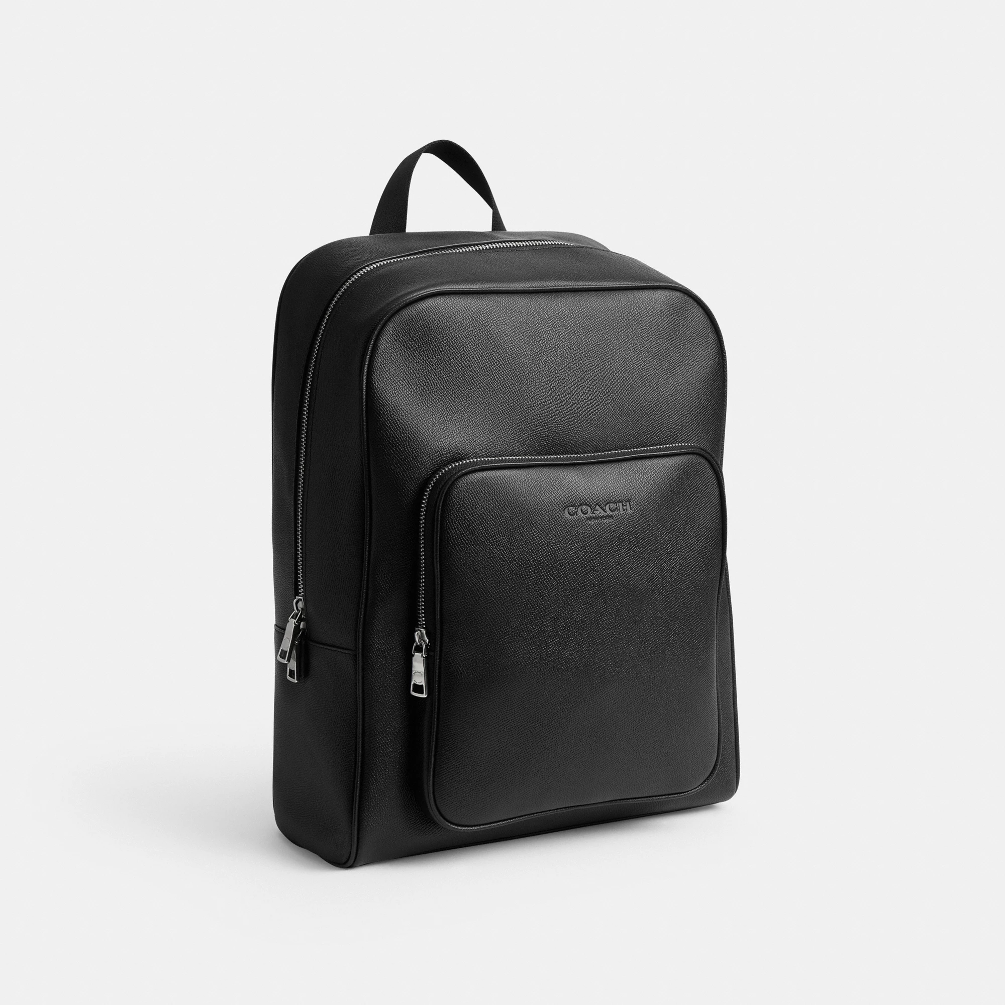 COACH®,Aiden Backpack,Recycled Polyester,Leather,Backpack,Logo,Sustainable,Adjustable,Suitcase Sleeve,Durable Fabric,Silve...,Black,Angle View