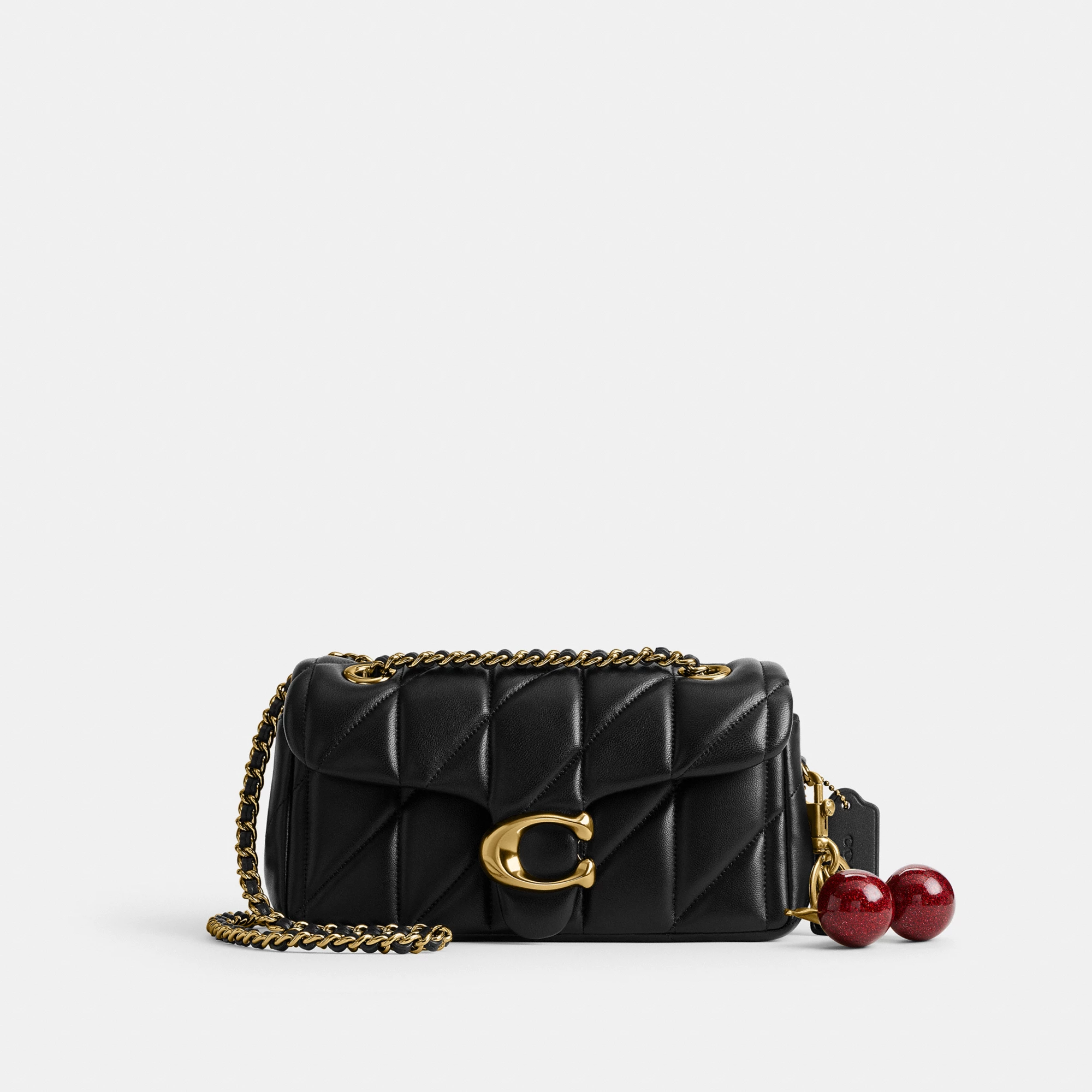 COACH®,Tabby Shoulder Bag 20 With Pillow Quilting,Leather,Shoulder Bag,Chain Detail,Embossed,Logo,Metal,Gold Metal,Day Party,Black,Angle View