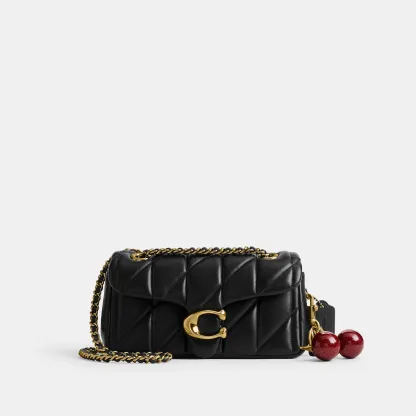 COACH®,Tabby Shoulder Bag 20 With Pillow Quilting,Leather,Shoulder Bag,Chain Detail,Embossed,Logo,Metal,Gold Metal,Day Party,Black,Angle View