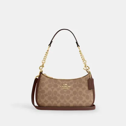 COACH®,Teri Shoulder Bag In Signature Canvas,Shoulder Bag,Logo,Tag Embellishment,Embossed,Metal,Casual,Brown,Front View
