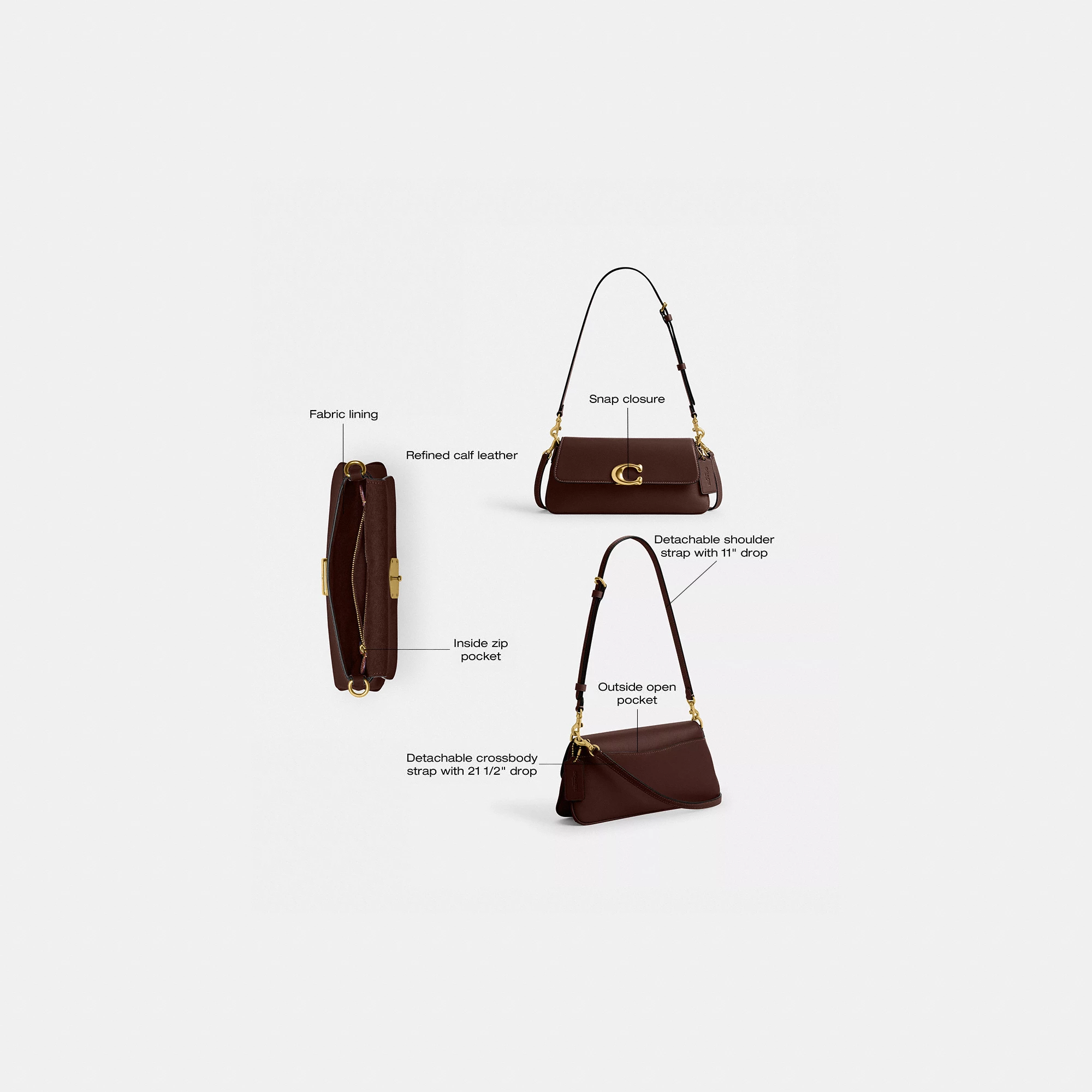 COACH®,Jet Shoulder Bag,Calfskin Leather,Shoulder Bag,Logo,Metal,Gold Metal,Casual,Brown