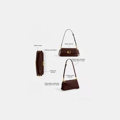 COACH®,Jet Shoulder Bag,Calfskin Leather,Shoulder Bag,Logo,Metal,Gold Metal,Casual,Brown