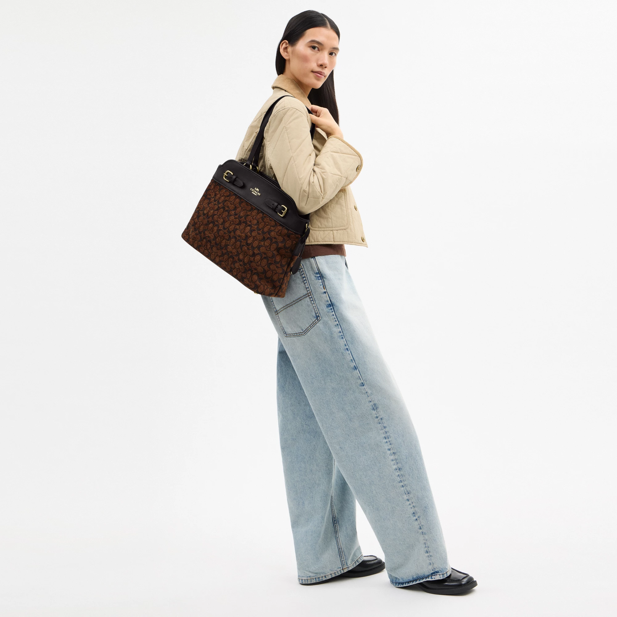 COACH®,Easton Tote Bag In Signature Chenille,Leather,Tote,Logo,Color Block,Lined,Stain Resistant,Gold Metal,Work,Brown,Detail View