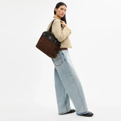 COACH®,Easton Tote Bag In Signature Chenille,Leather,Tote,Logo,Color Block,Lined,Stain Resistant,Gold Metal,Work,Brown,Detail View