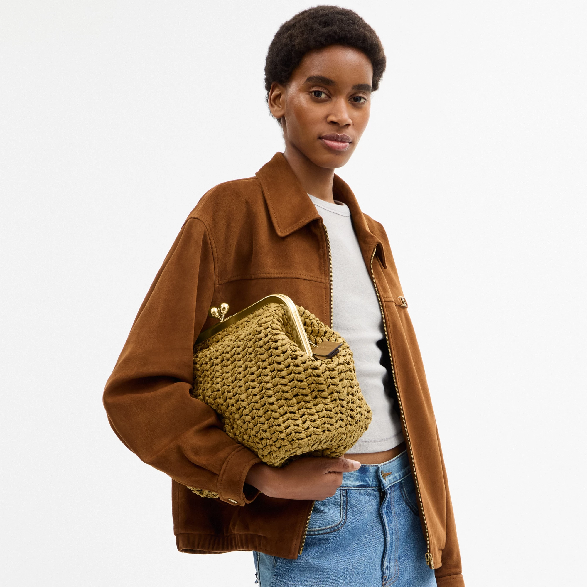 COACH®,Kisslock Frame Bag 27,Cotton,Calfskin Leather,Clutch,Metal Material,Straw,Pendant,Lined,Brass,Day Party,Beige,Detail View