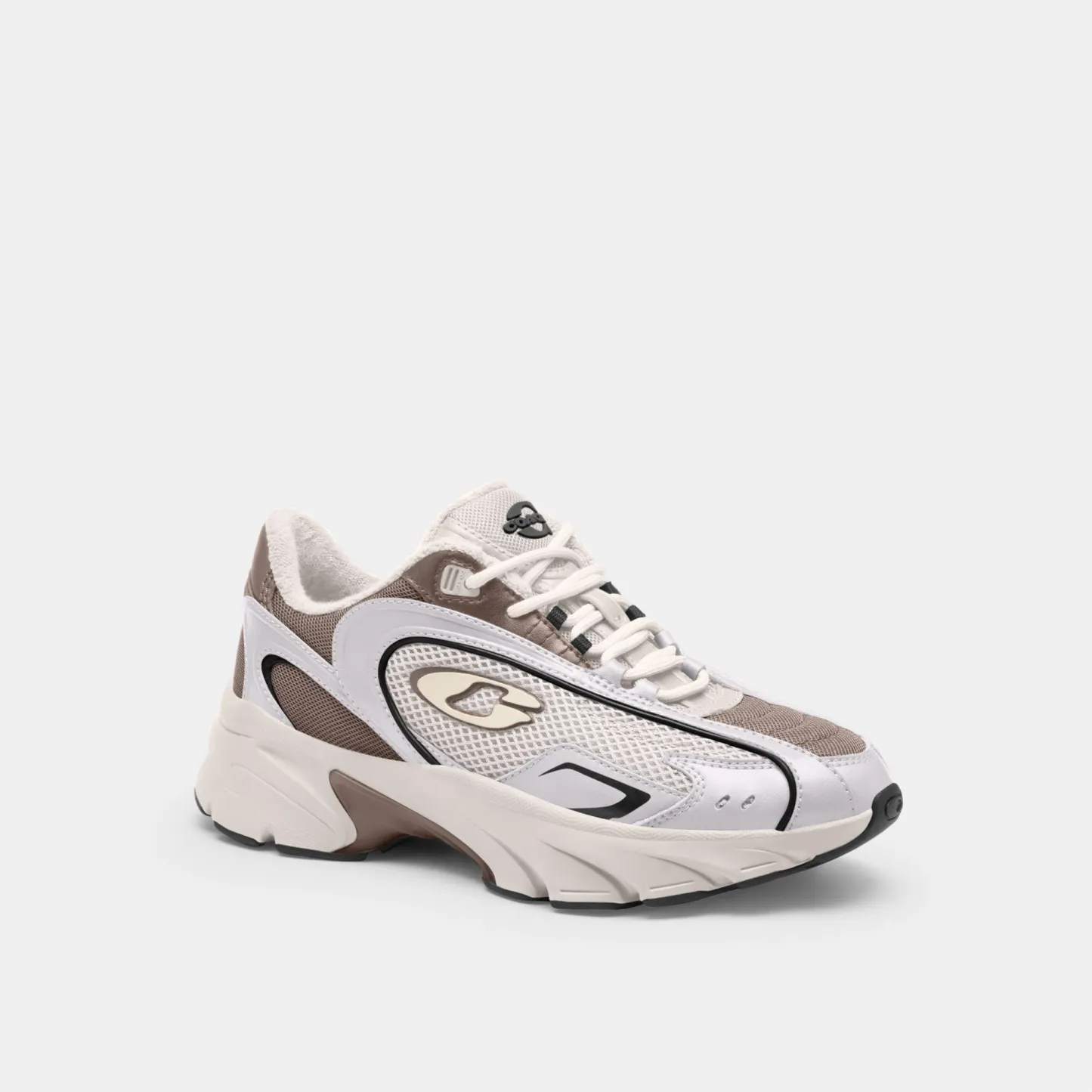 COACH®,Bolt Runner Sneaker,Leather,Rubber,Mesh,Low Top,Activewear,Fabric,Color Block,Logo,Cushioned,Flexible Insole,Pull T...,Gray,Front View