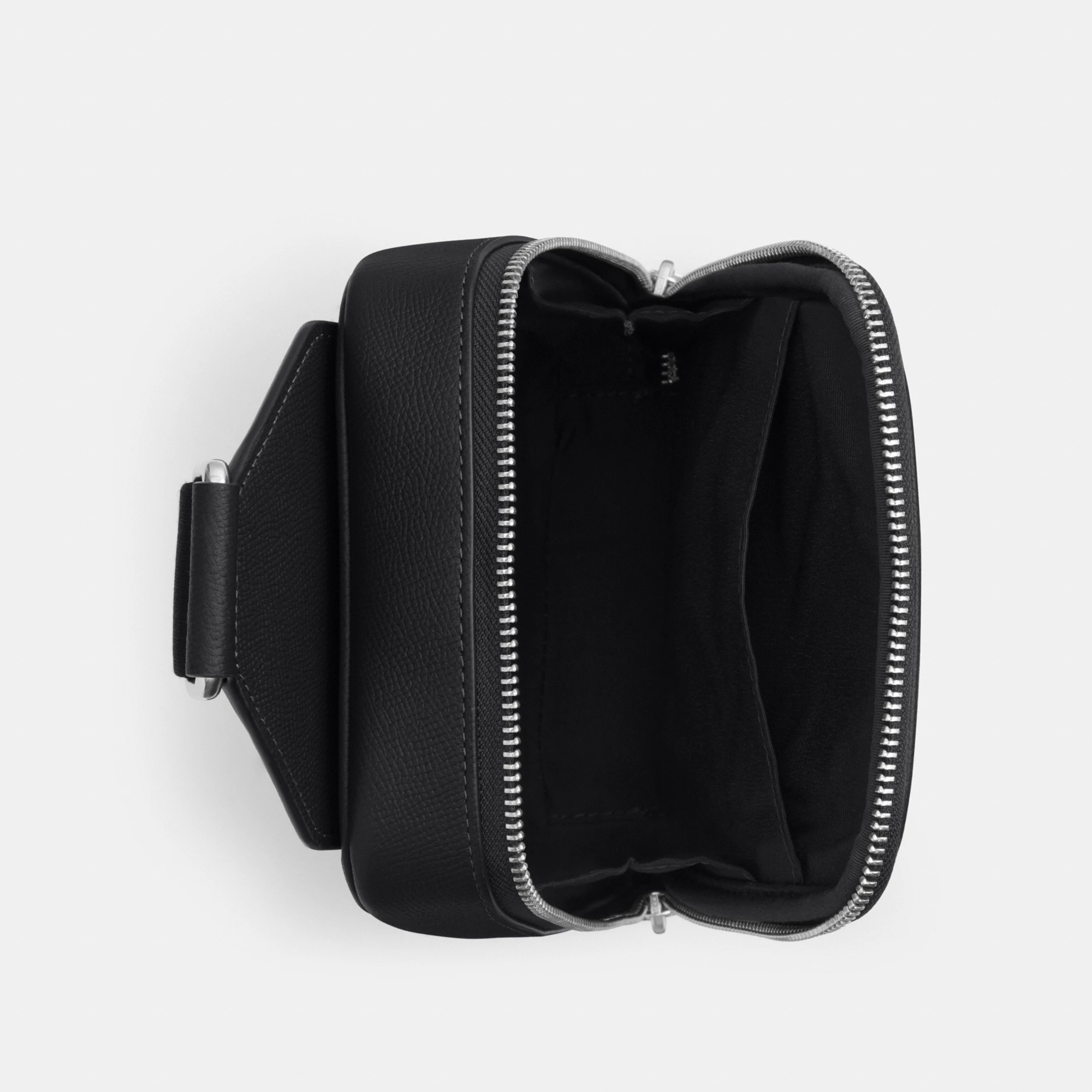 COACH®,Ray Pack,Recycled Polyester,Leather,Crossbody,Slingback,Metal Material,Logo,Adjustable,Silver Metal,Casual,Black,Inside View,Top View