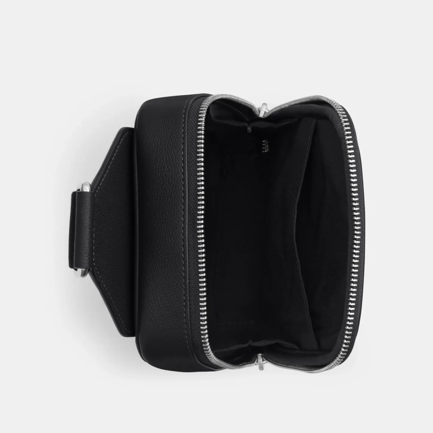 COACH®,Ray Pack,Recycled Polyester,Leather,Crossbody,Slingback,Metal Material,Logo,Adjustable,Silver Metal,Casual,Black,Inside View,Top View