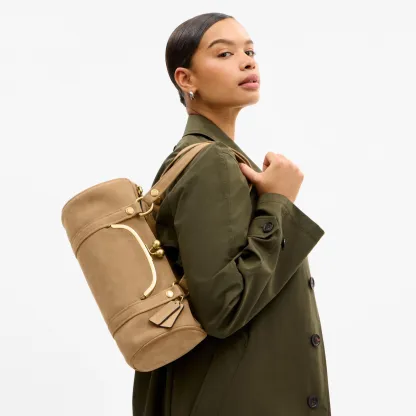 COACH®,Kisslock Barrel Bag,Lining Cotton Knit,Lining Cotton,Suede,Barrel Bag,Pendant,Brass,Day Party,Beige,Detail View