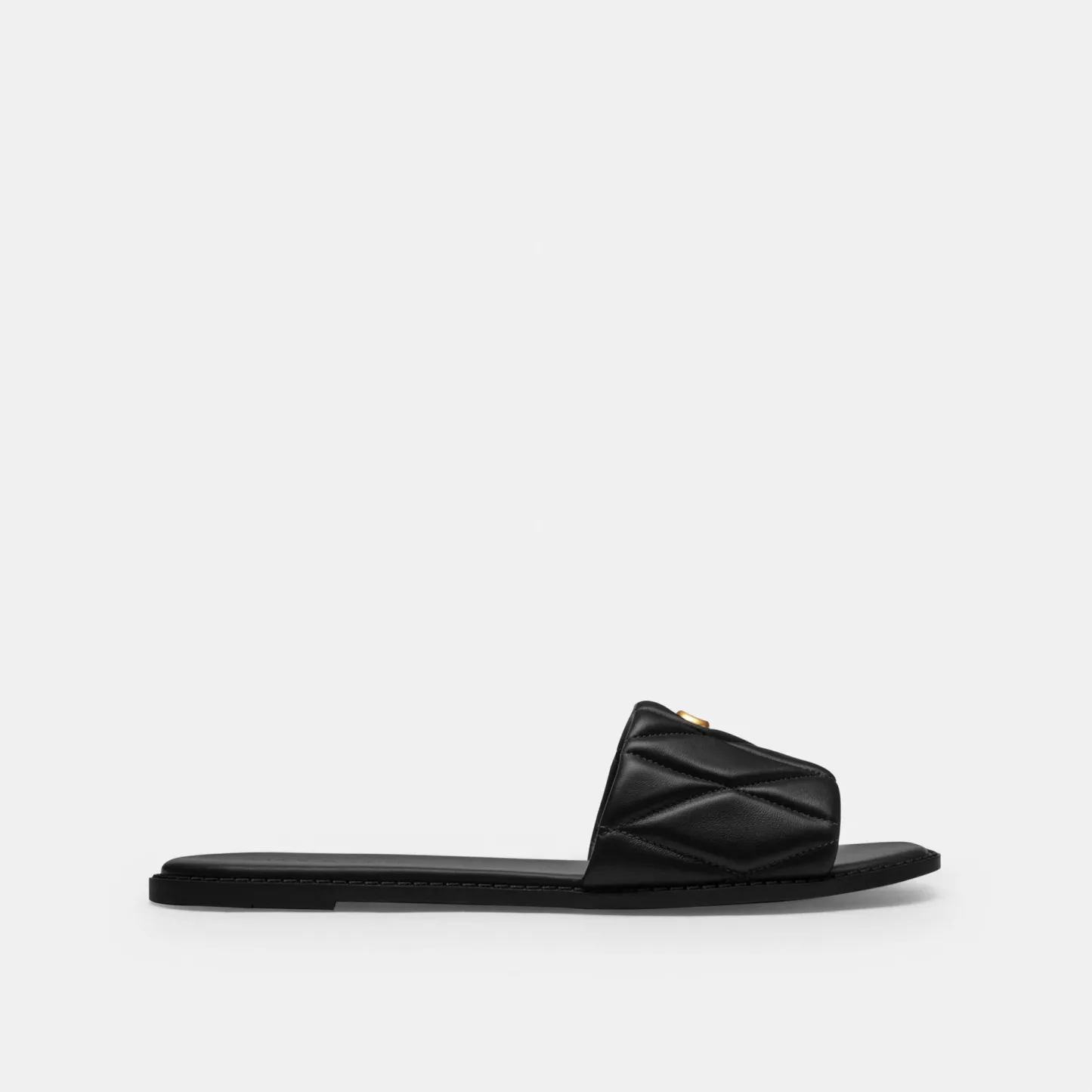 COACH®,Holly Sandal With Quilting,Rubber,Leather,Slides,Metal,Logo,Traction,Cushioned,Casual,Black,Angle View