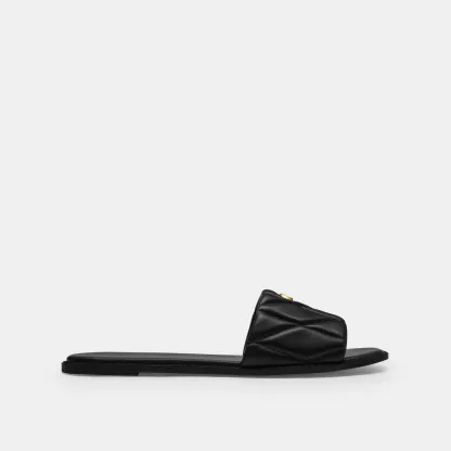 COACH®,Holly Sandal With Quilting,Rubber,Leather,Slides,Metal,Logo,Traction,Cushioned,Casual,Black,Angle View