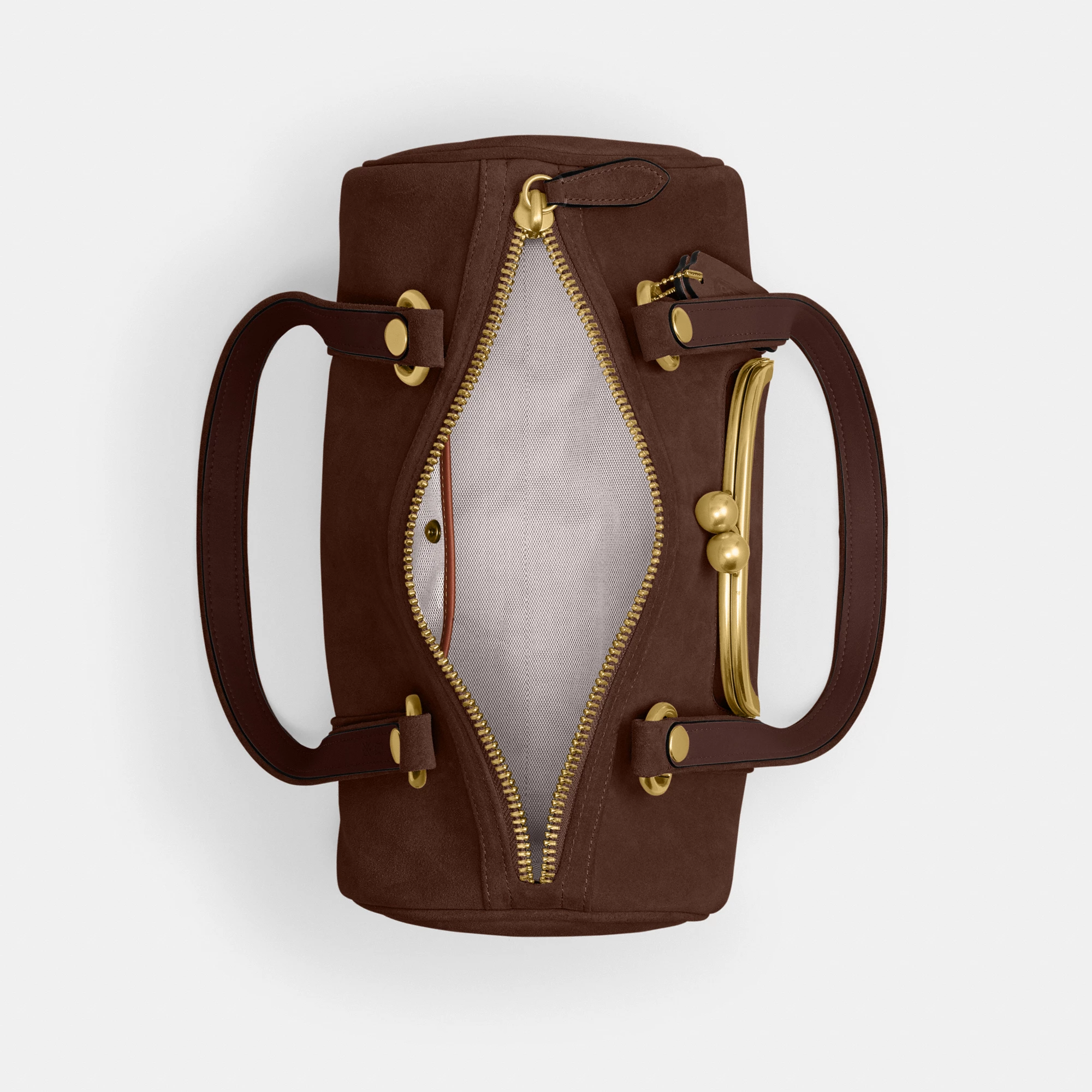 COACH®,Kisslock Barrel Bag,Lining Cotton Knit,Lining Cotton,Suede,Barrel Bag,Pendant,Brass,Day Party,Brown,Inside View,Top View