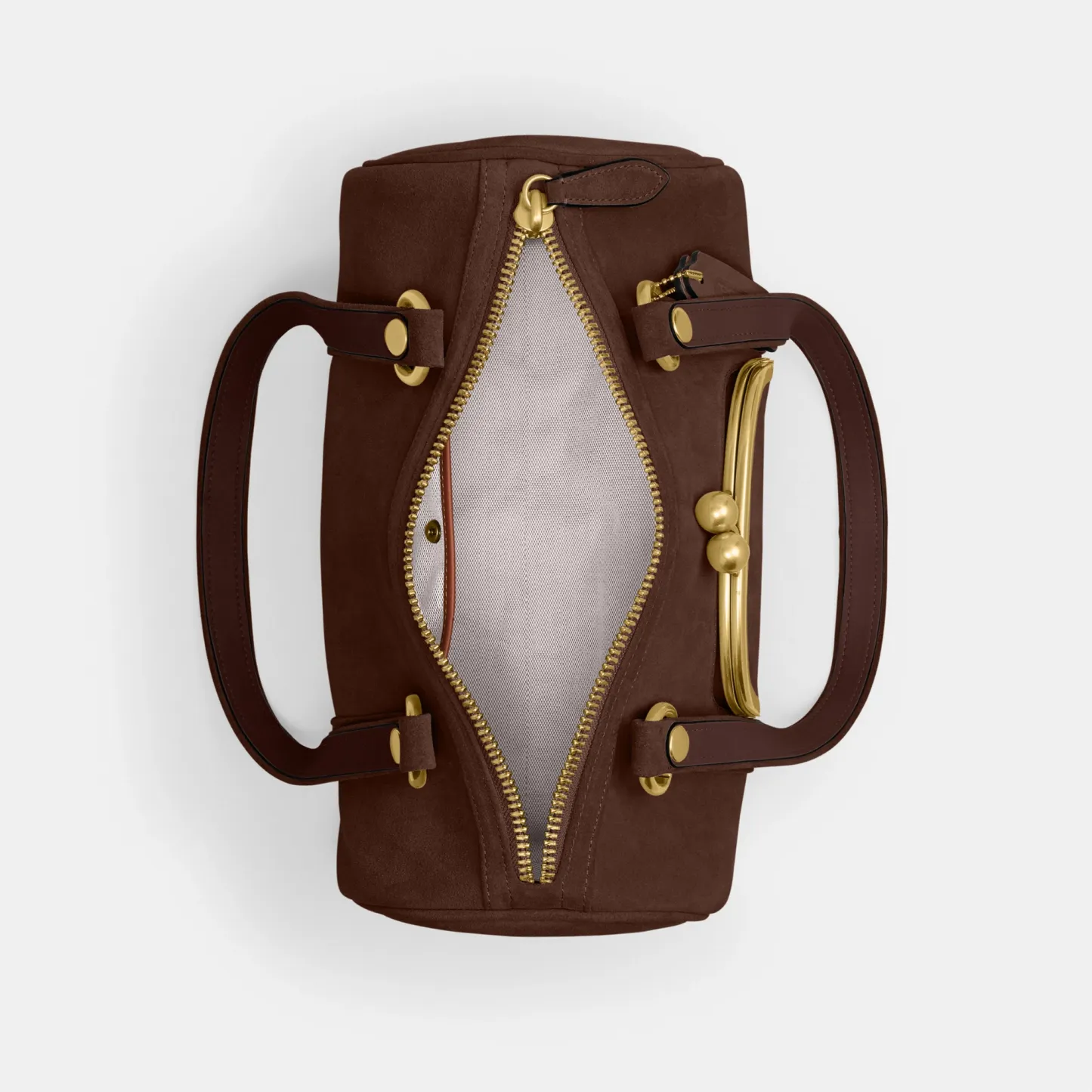 COACH®,Kisslock Barrel Bag,Lining Cotton Knit,Lining Cotton,Suede,Barrel Bag,Pendant,Brass,Day Party,Brown,Inside View,Top View