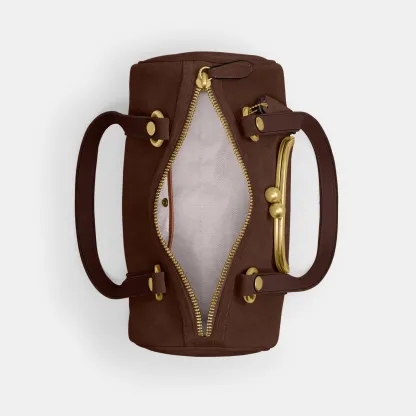 COACH®,Kisslock Barrel Bag,Lining Cotton Knit,Lining Cotton,Suede,Barrel Bag,Pendant,Brass,Day Party,Brown,Inside View,Top View
