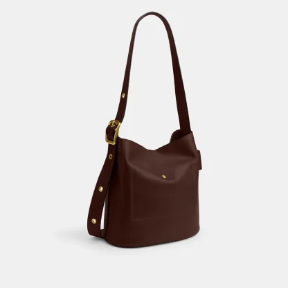 COACH®,Bleecker Bucket Bag,Leather,Bucket,Adjustable,Gold Metal,Casual,Brown,Angle View