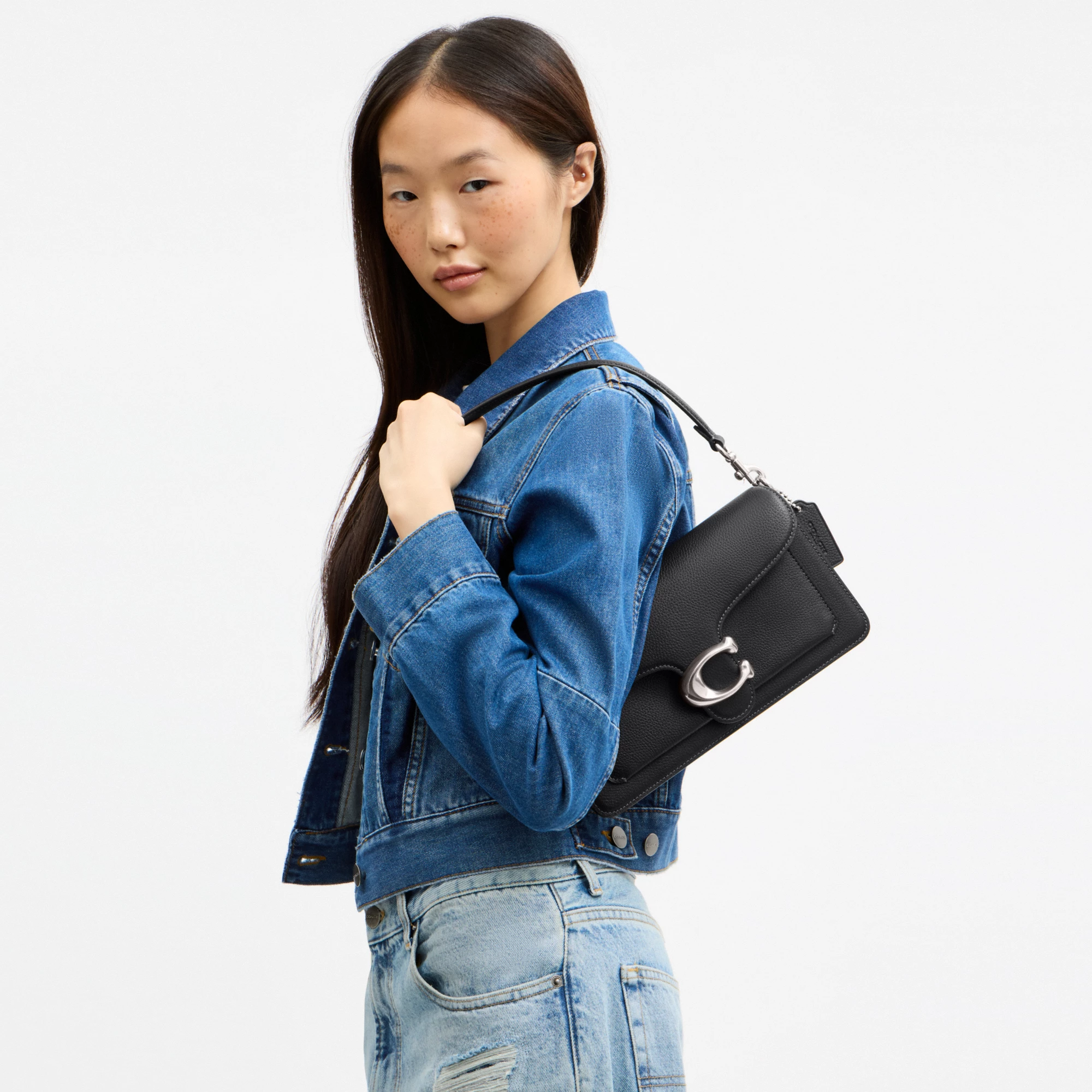 COACH®,Tabby Shoulder Bag 26,Leather,Shoulder Bag,Crossbody,Logo,Gusset,Gold Metal,Casual,Black,Detail View