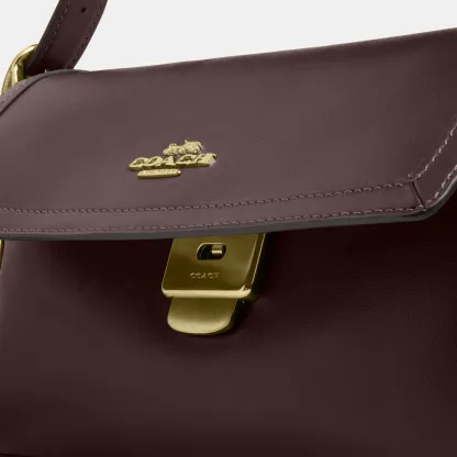 COACH®,Etta Small Flap Shoulder Bag,Leather,Fabric,Shoulder Bag,Metal,Logo,Adjustable,Compact,Lined,Gold Metal,Casual,Brown,Closer View