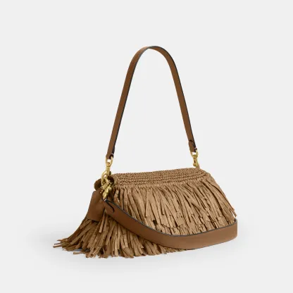 COACH®,Tabby Shoulder Bag 26,Crossbody,Shoulder Bag,Straw,Logo,Fringe,Brass,Casual,Beige,Angle View