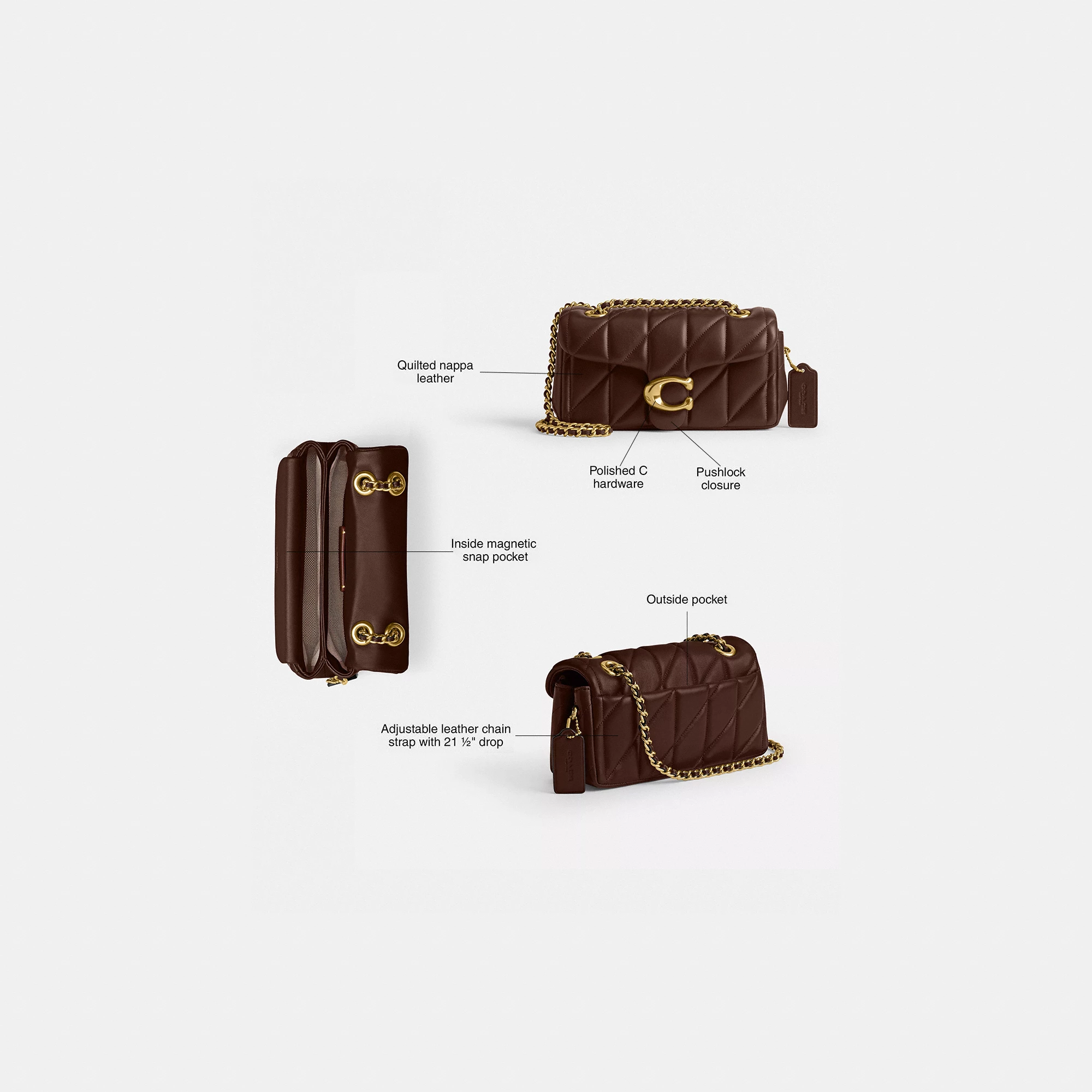 COACH®,Tabby Shoulder Bag 20 With Pillow Quilting,Leather,Shoulder Bag,Chain Detail,Embossed,Logo,Metal,Gold Metal,Day Party,Brown