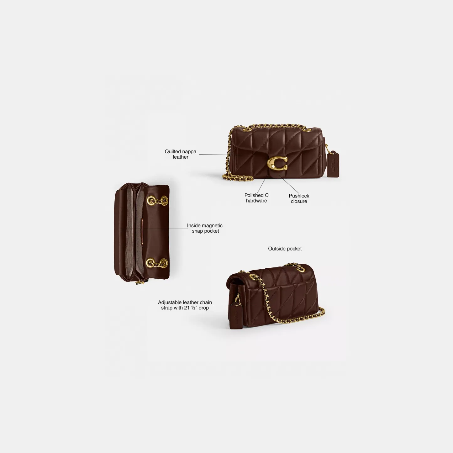 COACH®,Tabby Shoulder Bag 20 With Pillow Quilting,Leather,Shoulder Bag,Chain Detail,Embossed,Logo,Metal,Gold Metal,Day Party,Brown