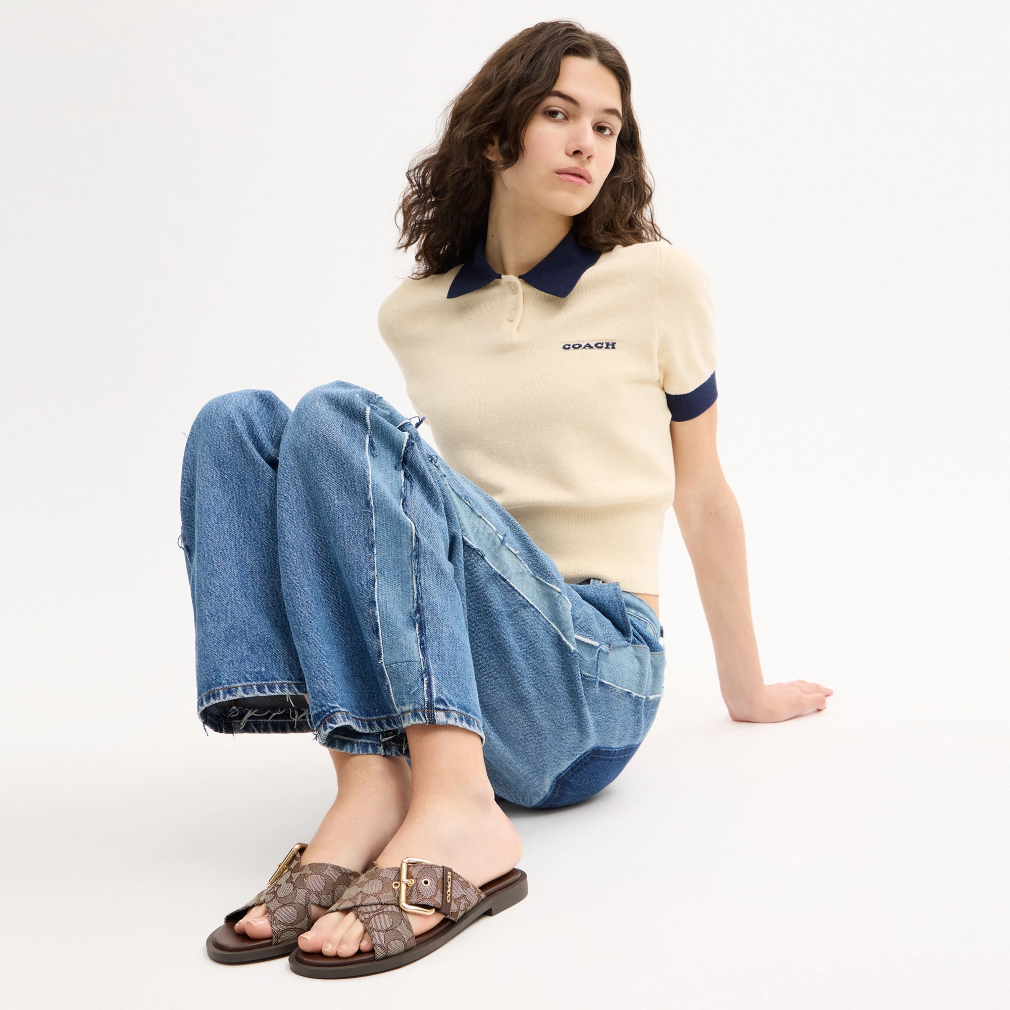 COACH®,Crisscross Buckle Sandal In Signature Jacquard,Polyester,Cotton,Sandals,Fabric,Metal,Sustainable,Casual,Brown,Detail View