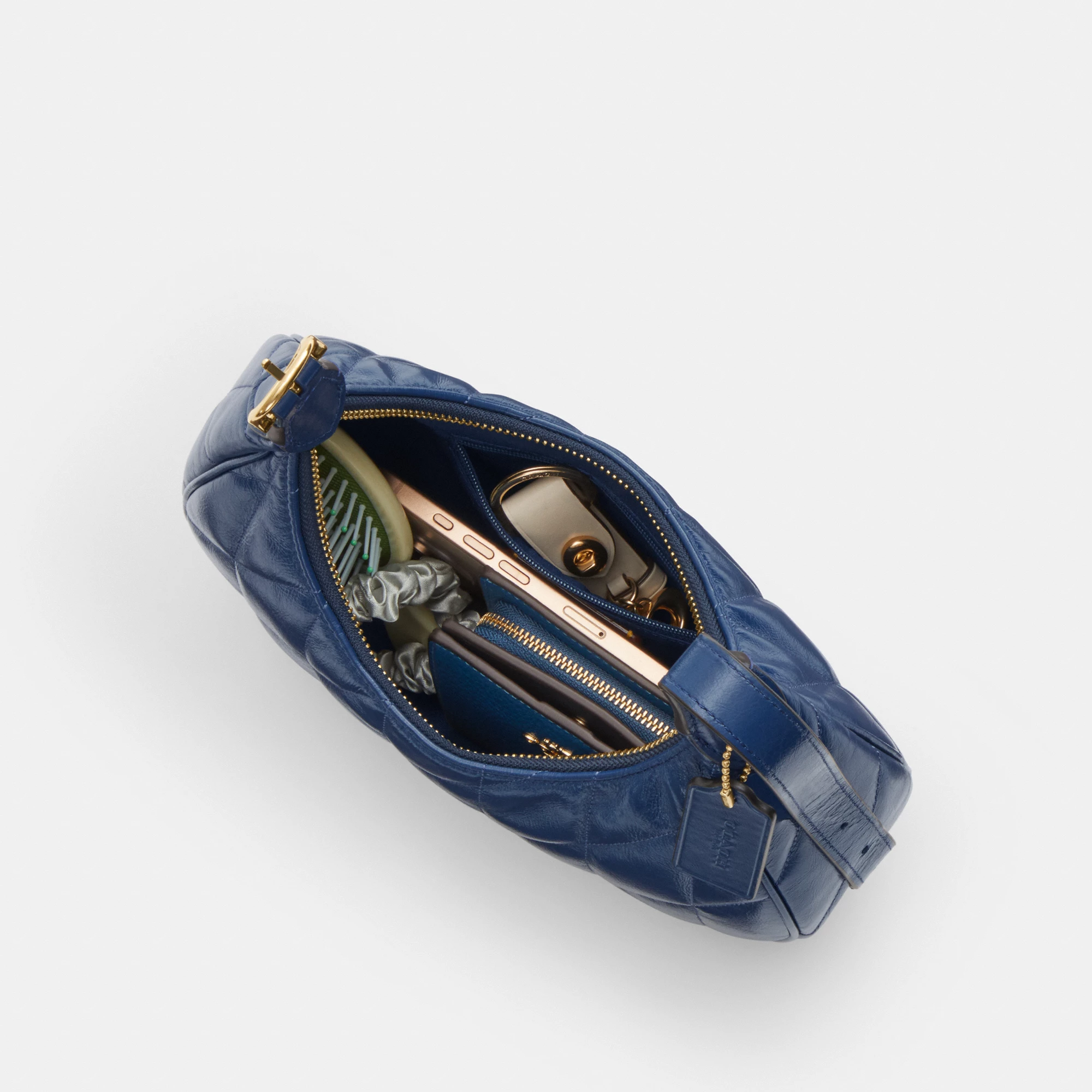 COACH®,Emily Shoulder Bag With Quilting,Recycled Polyester,Leather,Hobo,Pendant,Metal,Sustainable,Adjustable,Gold Metal,Da...,Blue,Inside View,Top View