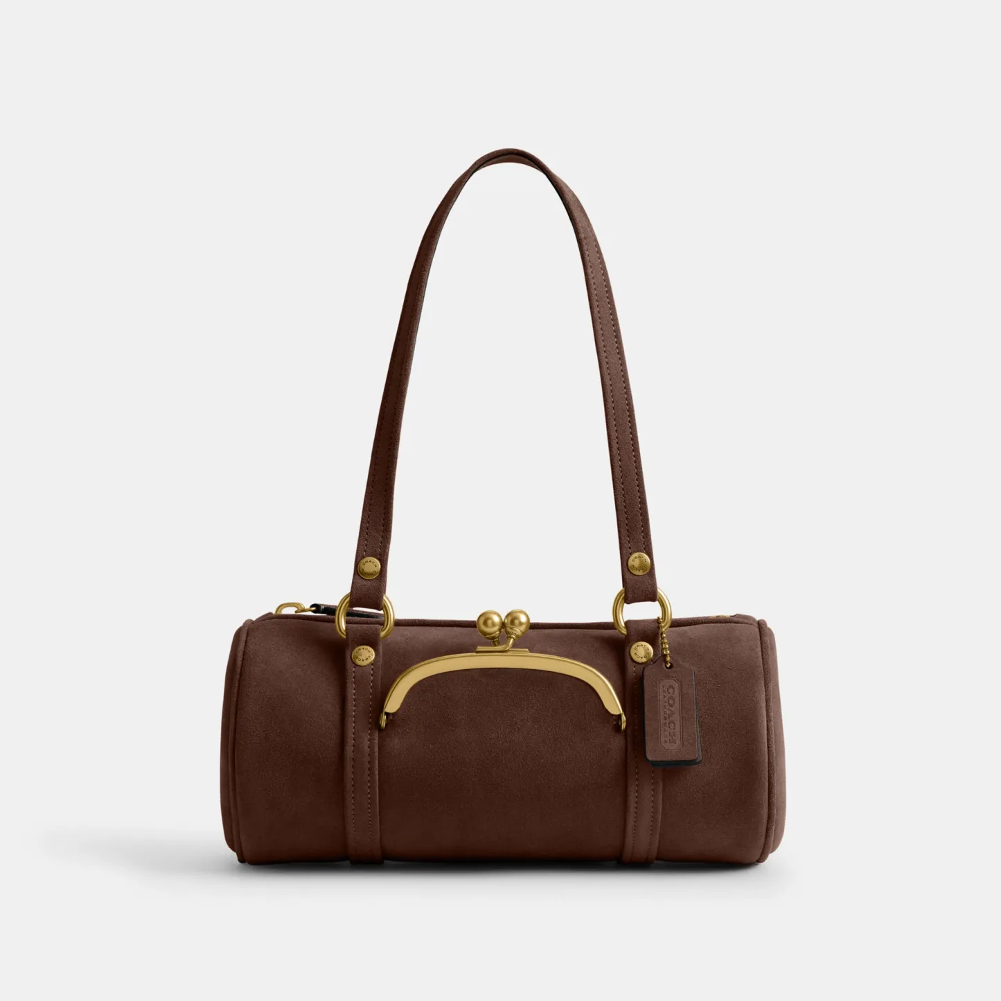 COACH®,Kisslock Barrel Bag 28,Lining Cotton,Suede,Leather,Barrel Bag,Pendant,Sustainable,Compact,Brass,Day Party,Brown,Front View
