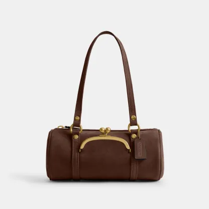 COACH®,Kisslock Barrel Bag 28,Lining Cotton,Suede,Leather,Barrel Bag,Pendant,Sustainable,Compact,Brass,Day Party,Brown,Front View