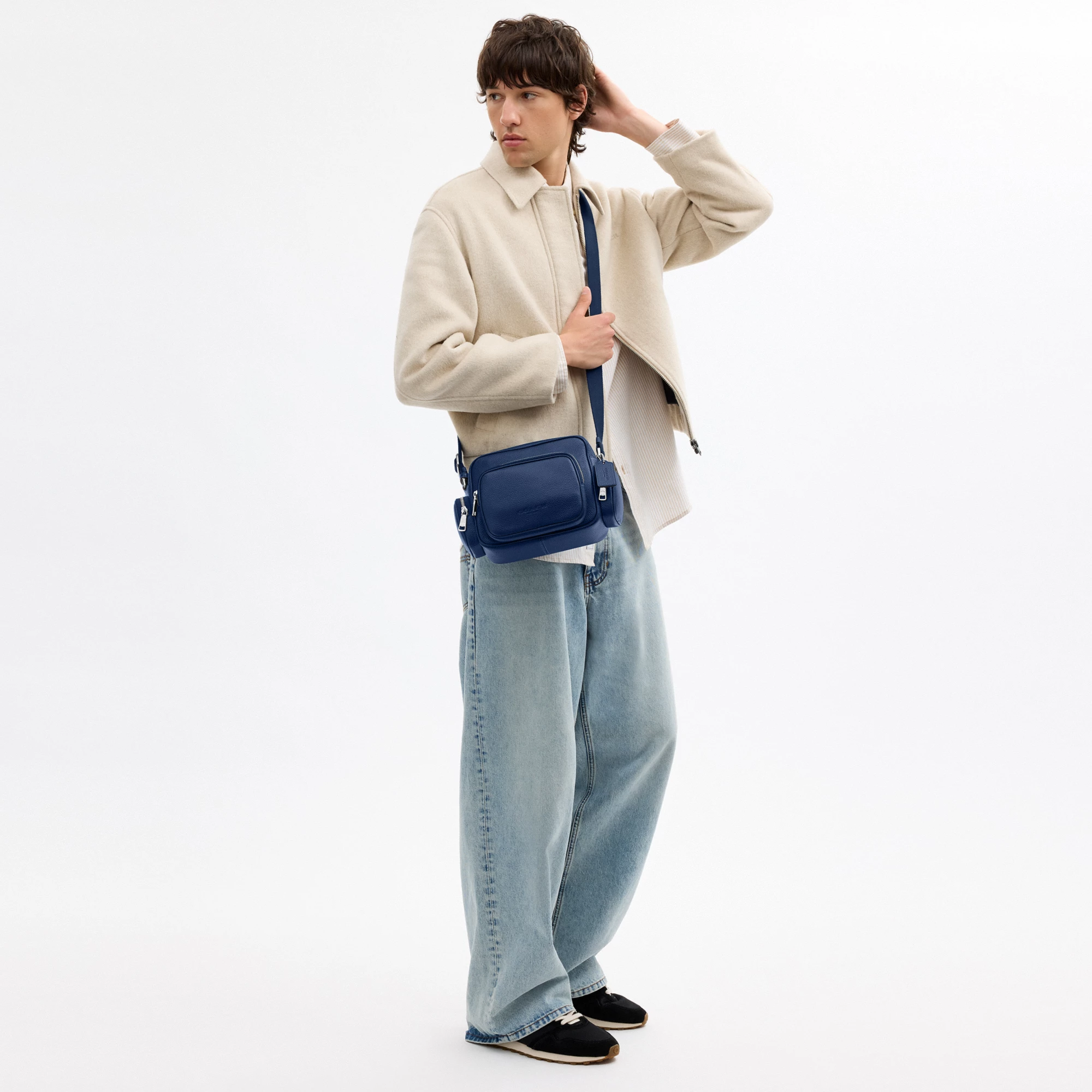 COACH®,Fletcher Crossbody Bag,Leather,Crossbody,Metal Material,Metal,Sustainable,Adjustable,Silver Metal,Casual,Blue,Detail View
