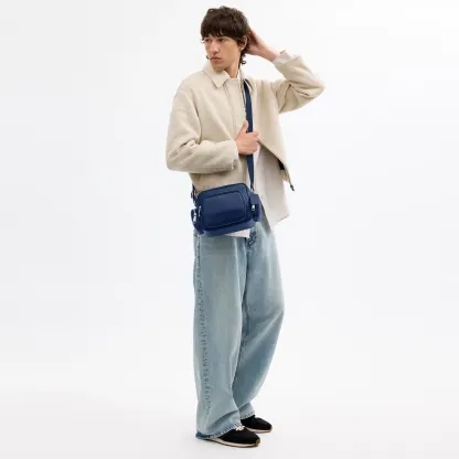 COACH®,Fletcher Crossbody Bag,Leather,Crossbody,Metal Material,Metal,Sustainable,Adjustable,Silver Metal,Casual,Blue,Detail View