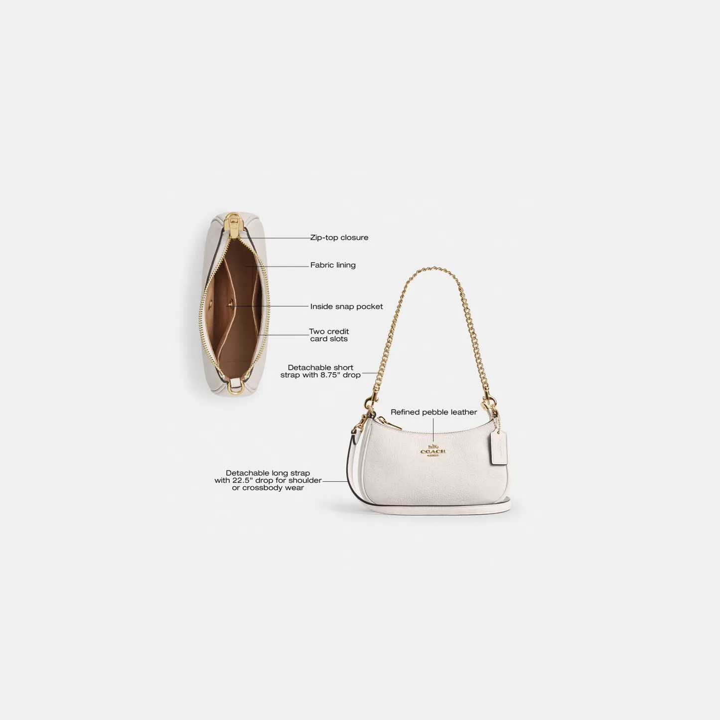 COACH®,Teri Mini Crossbody Bag,Leather,Recycled Polyester,Crossbody,Logo,Adjustable,Compact,Gold Metal,Casual,White