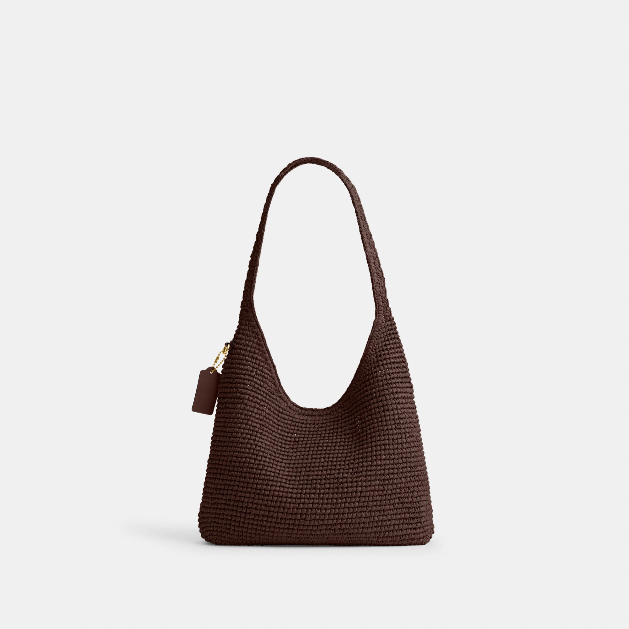 COACH®,Brooklyn Shoulder Bag 28,Calfskin Leather,Hobo,Straw,Applique,Pendant,Logo,Brass,Casual,Brown,Back View