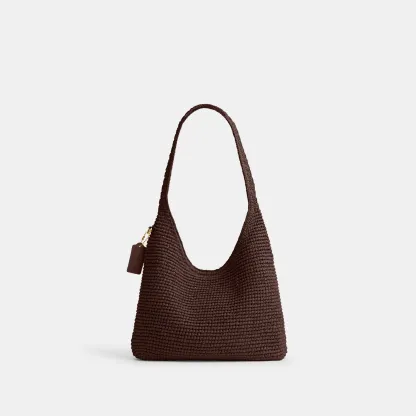 COACH®,Brooklyn Shoulder Bag 28,Calfskin Leather,Hobo,Straw,Applique,Pendant,Logo,Brass,Casual,Brown,Back View